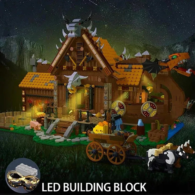 Norse Viking House: LED Medieval Modular Building Block Kit (3129 Pcs)
